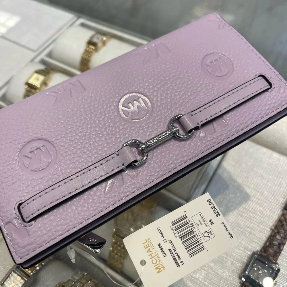 MICHAEL KORS Carson Large Logo Debossed Snap Wallet Light Quartz  NWT
